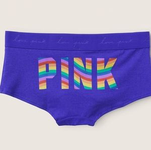 NWT Victoria's Secret Blue/Rainbow PINK Logo BoyShort Panty XL
